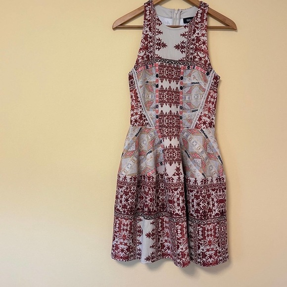 Mossimo Mosaic Stamp Print Skater Dress Small 4 6 Tan Red Fit Flare Ikat - Picture 1 of 4